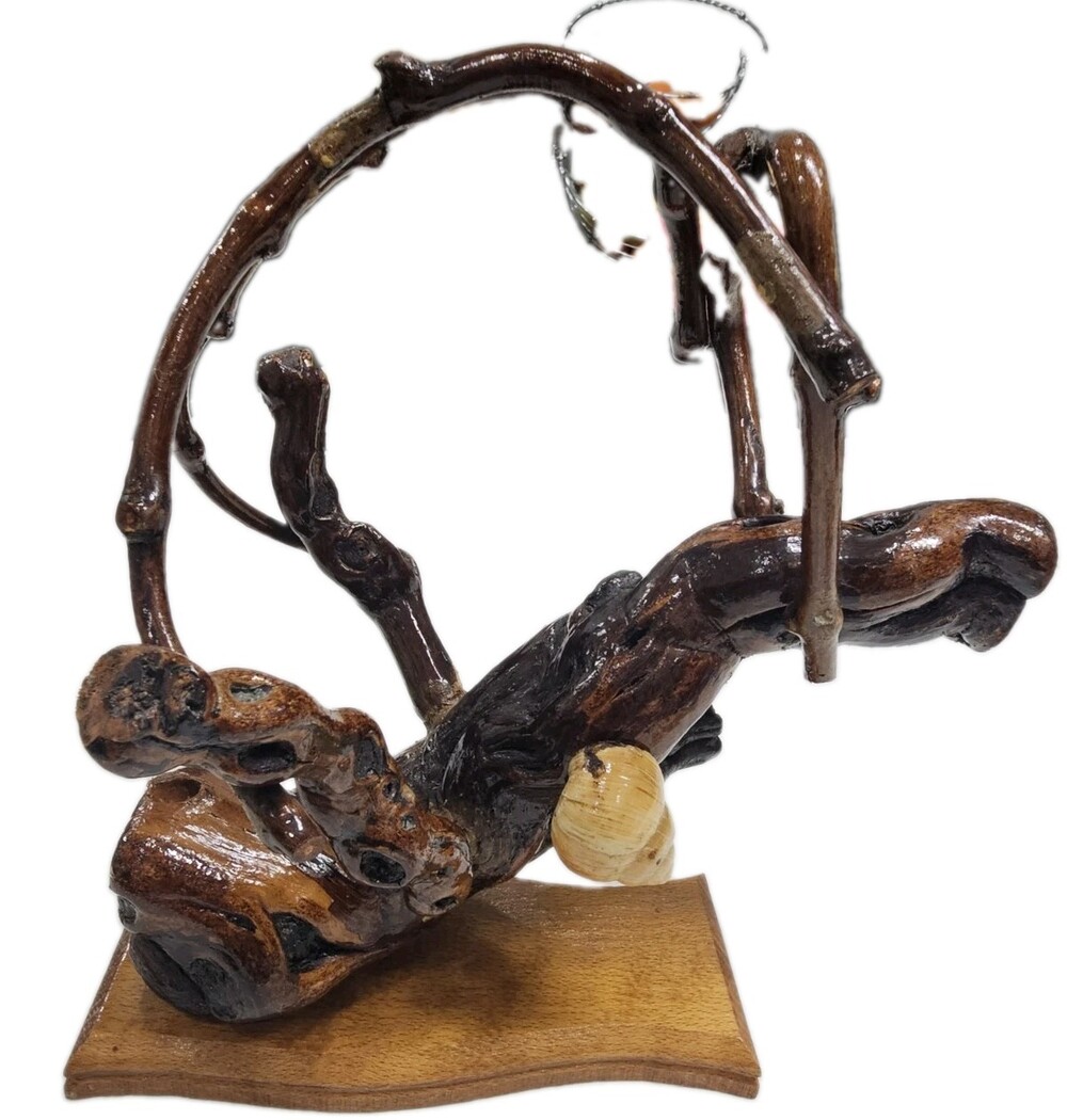 Vintage Folk Art Wood Sculpture Handcrafted Branch Root Figure Mounted Wood Base